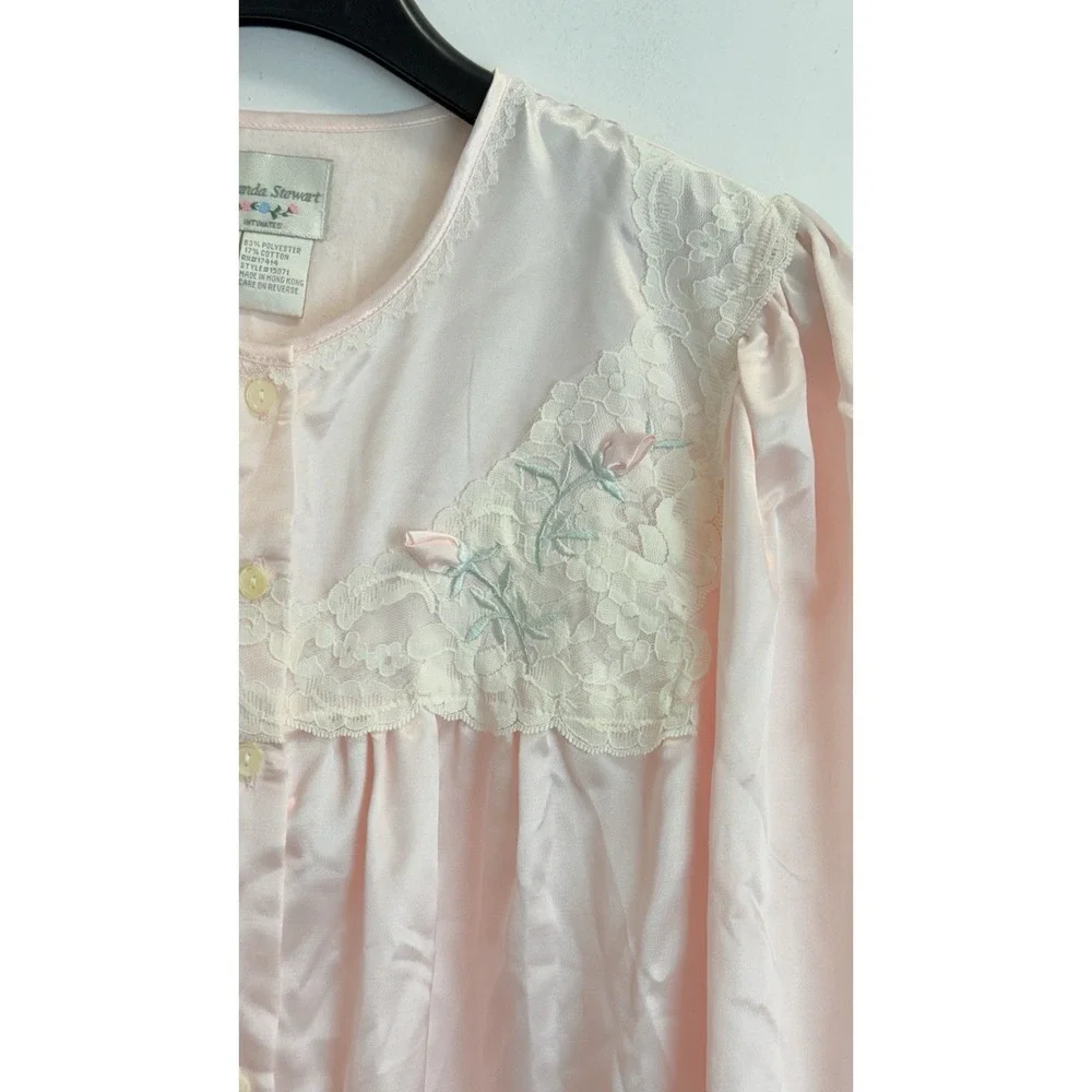 NEW Amanda Stewart Womens M Brushed Satin Pajama Set Floral Embroidery Lace Pink